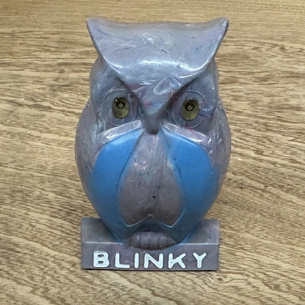 Blinky Owl Coin Bank Plastic - No Stopper On Bottom Blue Vintage